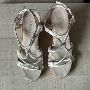 Aerosoles size 6 wedges, silver and white leather with cork bottom